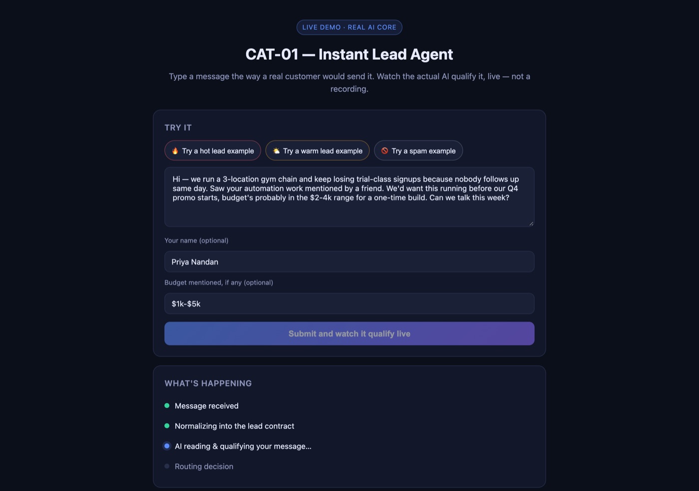 CAT-01 demo trace: message received, normalised into the lead contract, AI qualifying, routing decision