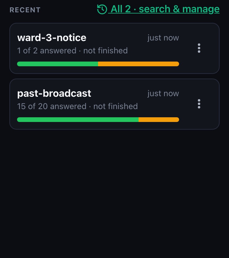 VoiceCall broadcast home: New broadcast button and recent broadcasts with answered counts