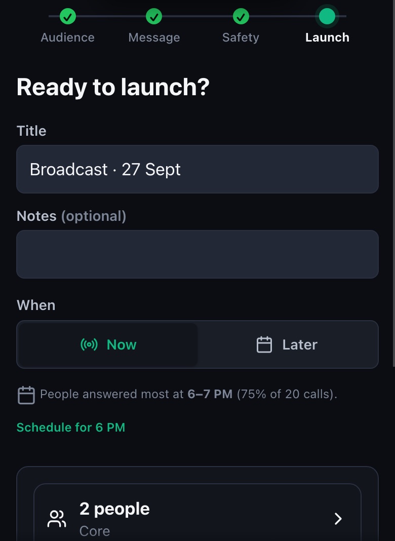 Launch step: title, now or later, best hour to call, and Hold to call