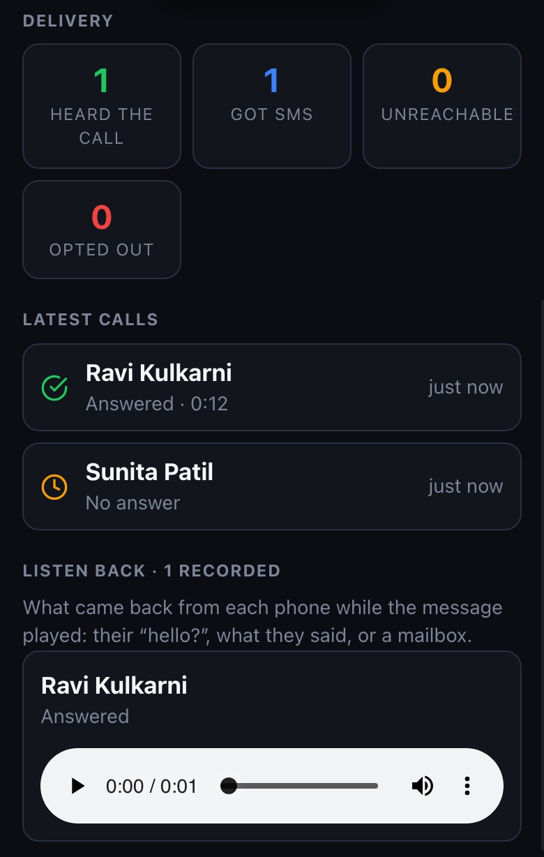 Finished broadcast: delivery tiles, latest calls, and Listen back with a recorded call