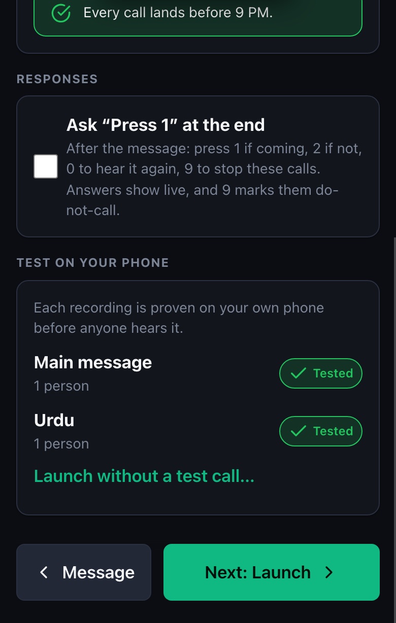 Safety step: Press 1 option and each language's recording marked Tested